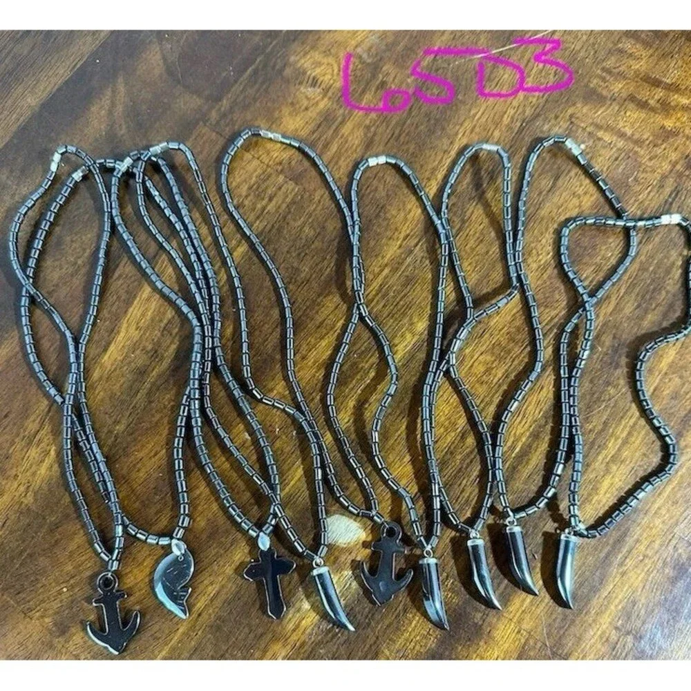 8Pc Hematite Pendant Necklace Lot Horn Cross Anchor Fish Beaded Boho